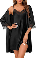 SWOMOG Women's Satin Robe Set 2 Piece Sexy Pajamas Sets Lace Cami Nightgown and Silk Robes Nightwear