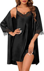 SWOMOG Women's Satin Robe Set 2 Piece Sexy Pajamas Sets Lace Cami Nightgown and Silk Robes Nightwear