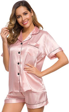 SWOMOG Womens Silk Satin Pajamas Set Short Sleeve Sleepwear Button Down Top and Shorts Loungewear 2 Piece Pjs Set XS-3XL