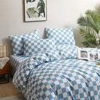 CLOTHKNOW Blue White Plaid Queen Comforter Set Grid Bedding Comforter Sets Soft Light Blue Comforter Checker Queen Size Comforter Sets