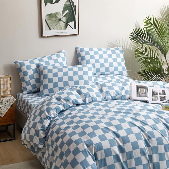 CLOTHKNOW Blue White Plaid Queen Comforter Set Grid Bedding Comforter Sets Soft Light Blue Comforter Checker Queen Size Comforter Sets
