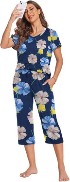 Ekouaer Women's Sleepwear Capri Pajama Sets Short Sleeve Two-Piece Pjs V Neck Tops & Capri Pants with Pockets S-3XL
