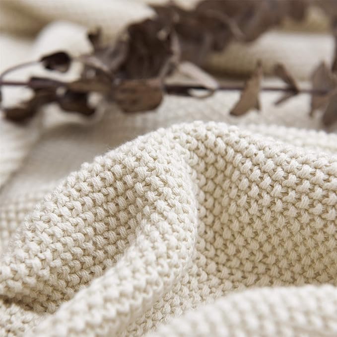 Longhui bedding Cream Cotton Cable Knit Throw Blanket for Couch Sofa Bed, Home Decorative Throw Blanket for Couch, Lightweight Woven Throw Blankets with Bonus Laundering Bag, 3.4 Pounds 60 x 80 Beige