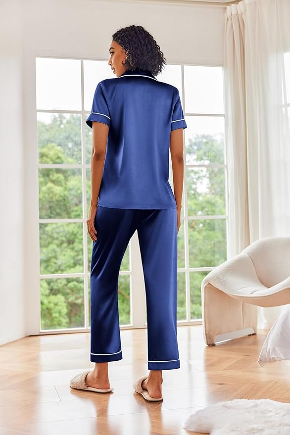 Ekouaer Silk Satin Pajamas Set Women Short Sleeve Sleepwear Soft Button Down Loungewear Pjs Set