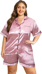 Vozanet Women's Short Sleeve Satin Pajama Sets Silky Ladies Button Down Loungewear Plus Size Nighty Shorts Sets XL to 5XL