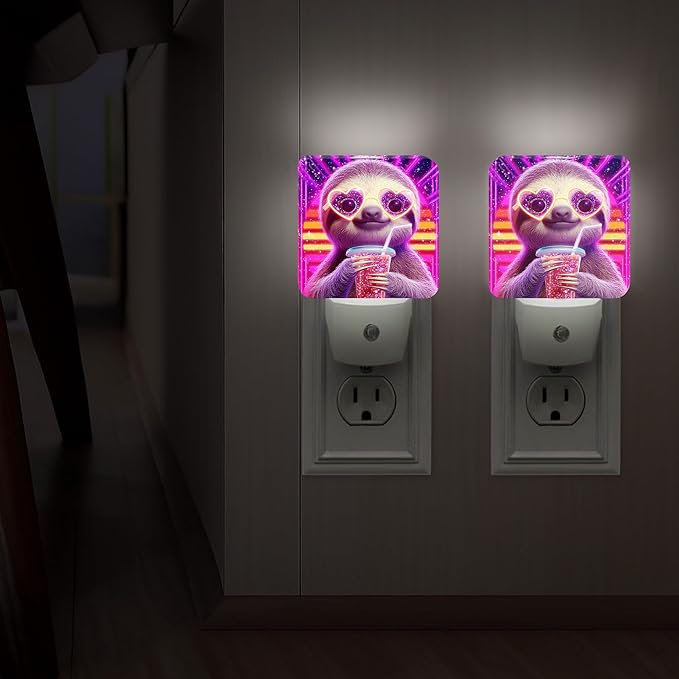 Sloth Night Lights Plug Into Wall, Playful Cartoonish Heart-Shaped Glasses Drink Summer Peach Smart Outlet Plug in Led Night Light Lamp for Living Room Entryway Kitchen Decor 2pcs