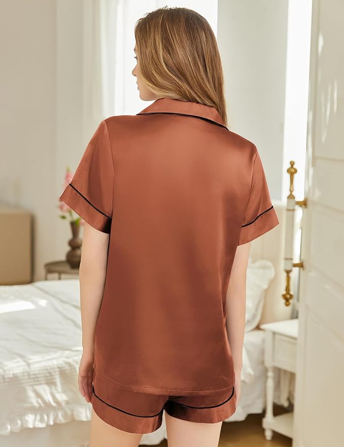 Silk Pajamas for Women Short Sleeve Sleepwear Soft Button Down Loungewear 2 Piece Satin Pjs Shorts Set S-XXL