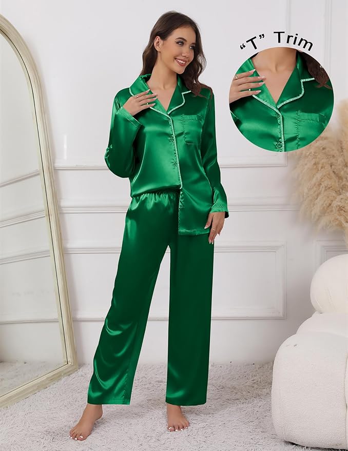 Ekouaer Pajamas For Women Set Silk Pjs 2 Piece Satin Sleepwear Long Sleeve Button Down Lounge Sets With Pant