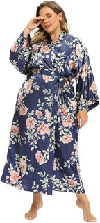 Women's Floral Long Satin Robes Plus Size Long Silk Robes Peacock Floral Kimonos Sleepwear Dressing Gown