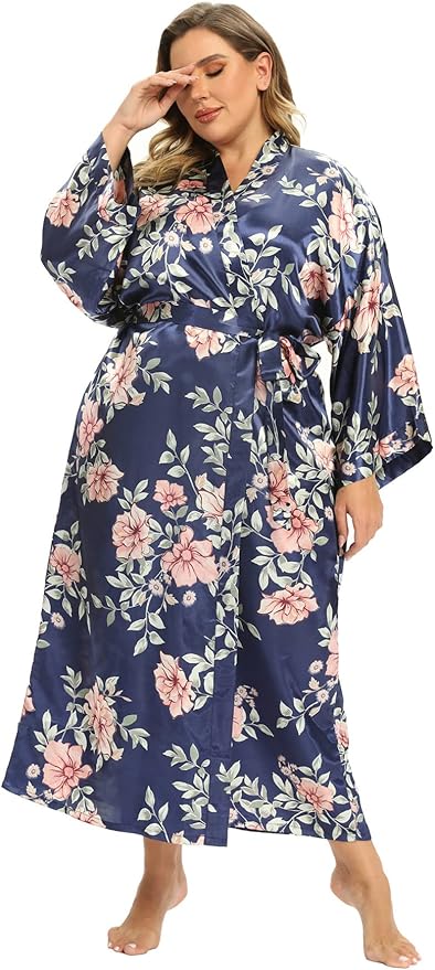 Women's Floral Long Satin Robes Plus Size Long Silk Robes Peacock Floral Kimonos Sleepwear Dressing Gown