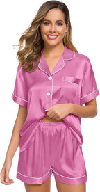 SWOMOG Womens Silk Satin Pajamas Set Short Sleeve Sleepwear Button Down Top and Shorts Loungewear 2 Piece Pjs Set XS-3XL