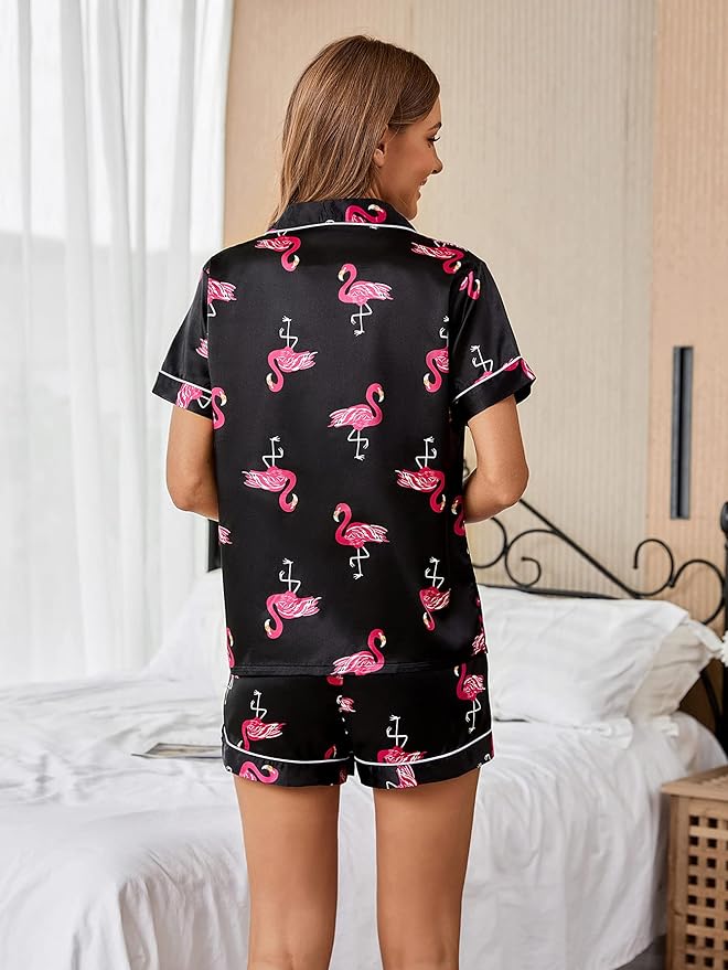 WDIRARA Women's Sleepwear Satin Short Sleeve Shirt and Shorts Pajama Set
