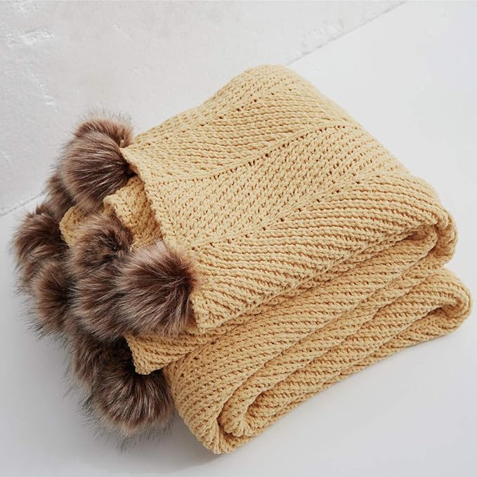 vctops Fur Pom Pom Knit Throw Blanket Super Soft Warm Cozy Cable Knitted Blanket for Sofa and Couch 51 x 63 Inch Mustard Yellow