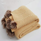 vctops Fur Pom Pom Knit Throw Blanket Super Soft Warm Cozy Cable Knitted Blanket for Sofa and Couch 51 x 63 Inch Mustard Yellow