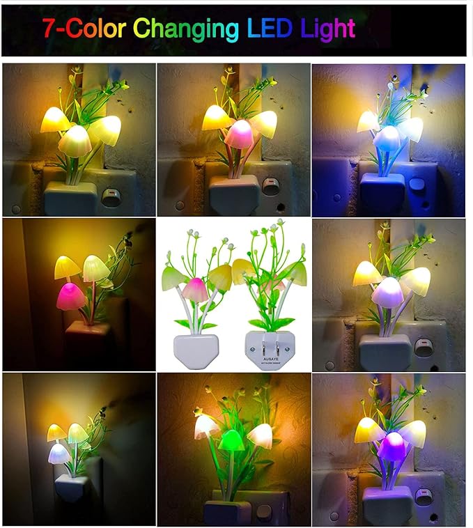 AUSAYE 4Pack Sensor LED Plug in Night Light for Adults Kids , Color Changing Cute Mushroom Flower Wall Lamp for Bedroom,Bathroom,Stairs,Kitchen,Corridor