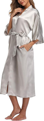 Womens Long Silky Robe Satin Kimono Robes Silk Bathrobe for Wedding Party Full Length Dressing Gown