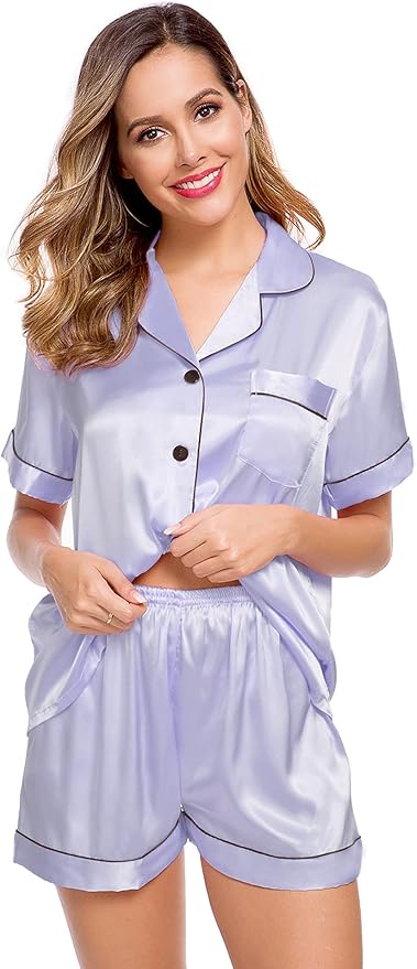 LecGee Womens Silk Satin Pajamas Short Sleeve Loungewear Two-Piece Sleepwear Button-Down Pj Set