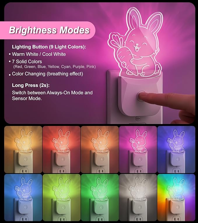 Cute Bunny Night Light (2 Pack), Plug-in, RGB LED Night Lamp with Auto Dusk-to-Dawn Sensor, 9 Colors for Kids Room, Nursery, Bathroom, Baby Shower & Birthday Gift Decor