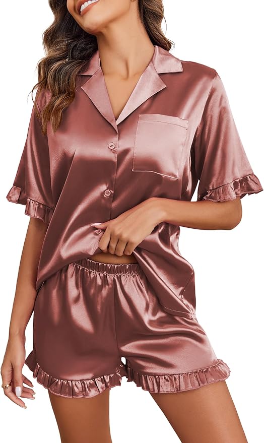 Ekouaer Satin Pajama Set for Women Button Down Silk 2 Piece Pj Sets Ruffle Short Sleeve Sleepwear