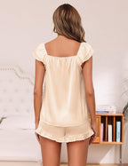 Satin Pajama Set for Women 2 Piece Silk Pjs Ruffle Sleeve Top and Shorts Cute Bridal Sleepwear Set S-XXL