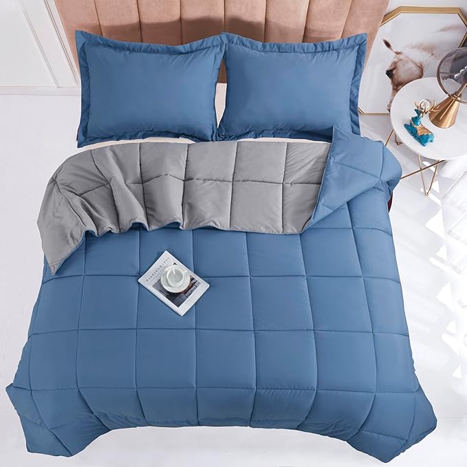 HIG 3pc Dusty Blue King Size Comforter Set - All Season Reversible Down Alternative Comforter with Sham - Quilted Duvet Insert with Corner Tabs - Box Stitched Blanket - Breathable, Soft, Fluffy