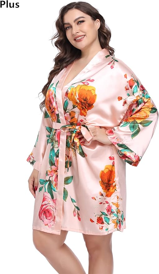 MissNina Women's Floral Satin Kimono Robes Short Silky Bridesmaid Robes Sleepwear