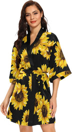 KLL Women's Kimono Robes Sunflower Short Satin Bathrobe Soft Skin-friendly Sleepwear V-Neck Loungewear