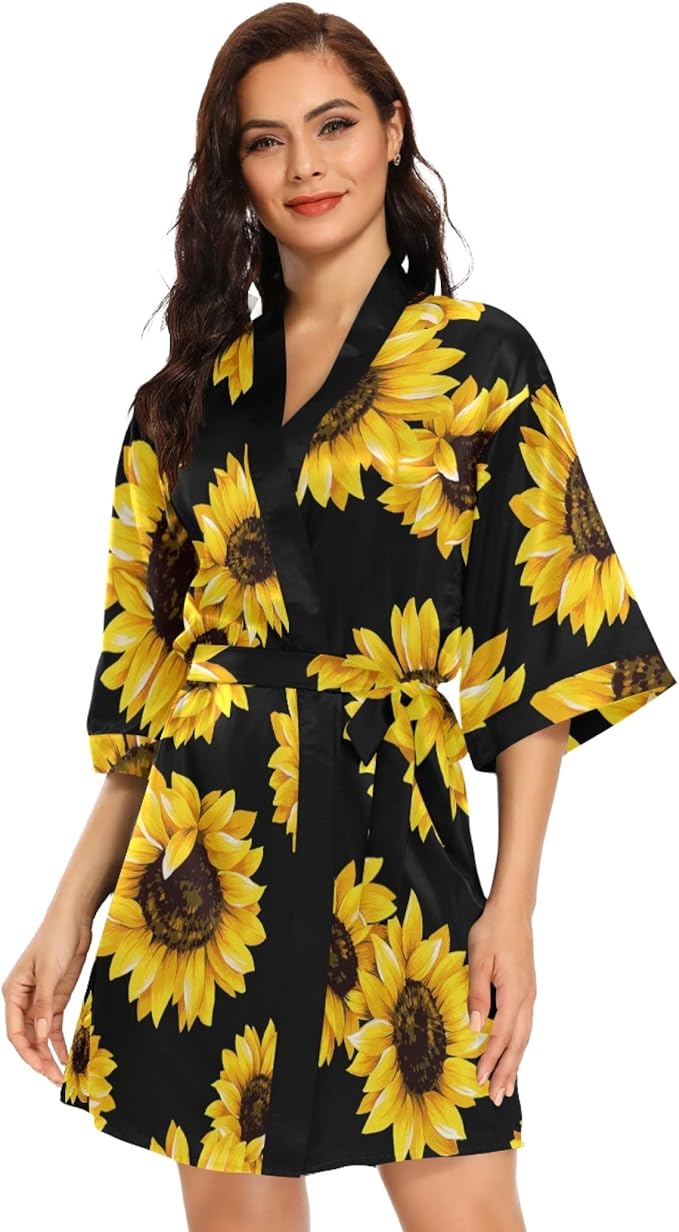 KLL Women's Kimono Robes Sunflower Short Satin Bathrobe Soft Skin-friendly Sleepwear V-Neck Loungewear