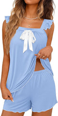 Ekouaer Women's Pajamas Sets 2 Piece Bow Bridal Pajama Cute Tank Top and Shorts Pjs Soft Ruffle Sleepwear XS-2XL