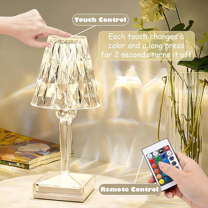 Crystal Table Lamp, 16 Color Changing Touch Crystal Rose Lamp with Remote, Rechargeable LED Diamond Romantic Night Light, Small Acrylic Cordless Table Lamp for Bedrooms Party Dinner Bar Decor Lights