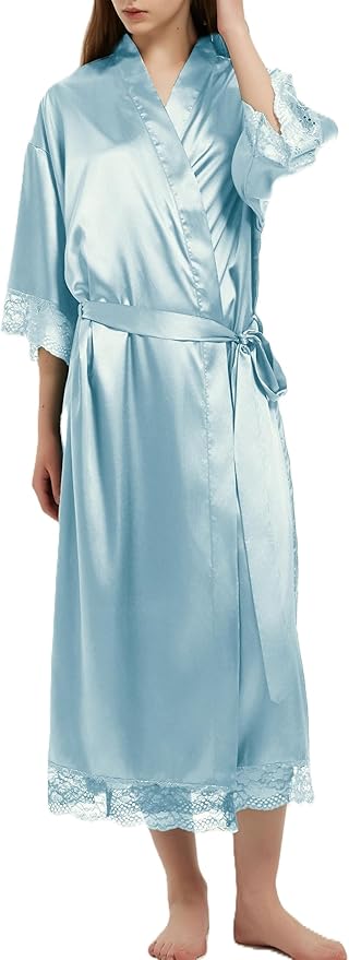 Long Satin Robes for Women Ankle Length Kimono Robes Silky Bridal Party Robes with Lace Trim Bridesmaid Loungewear Sleepwear