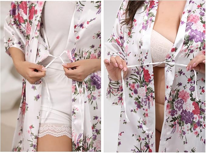 QXQTER Peony Floral Silky Satin Robe Wedding Bridal Party Bride Bridesmaid Robes for Women Dressing Gown Kimono Robe