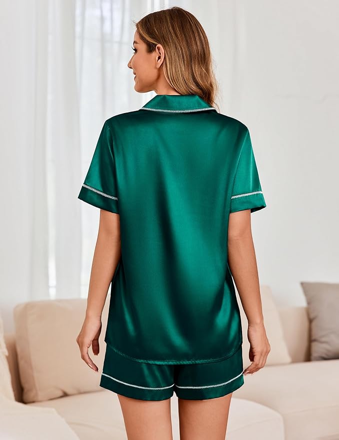 Ekouaer Womens Satin Silk Pajamas Set Short Sleeve Sleepwear Button Down Top and Shorts Loungewear 2 Piece Pjs Set S-XXL