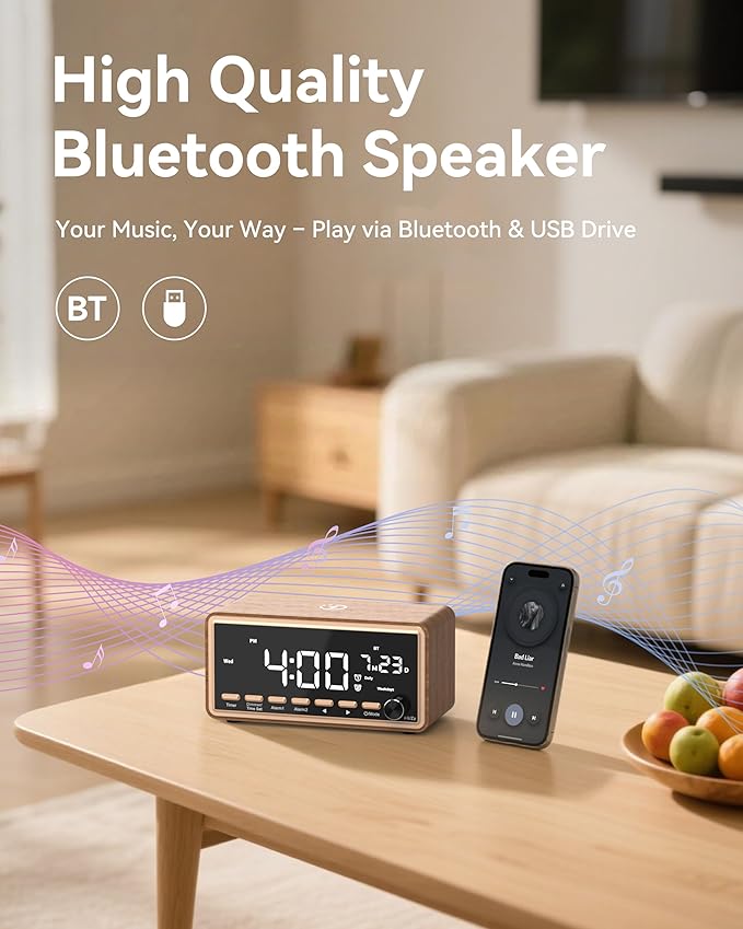Digital Alarm Clocks Radio for Bedrooms,FM Radio & White Noise Sound Machine with Timer,Bluetooth Speaker,Dual Alarm Clock with Wireless Charging,Dimmable Big LED Display,Holiday Gifts for Men Women