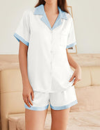 Ekouaer Womens Silk Satin Pajama Set Short Sleeve PJs 2 Piece Button Down Top and Shorts Notch Collar Sleepwear Sets Soft Pjs