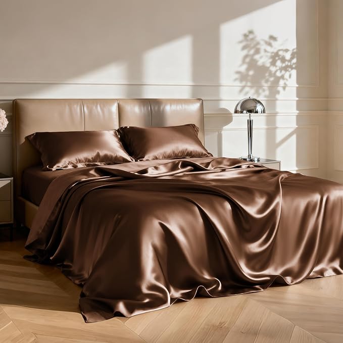 Love's cabin Full Size Satin Sheet Sets - 4 Piece Brown Silky Satin Sheet Set Full with Deep Pocket, Luxury Silk Feel Satin Bed Sheets Full Bedding Set (1 Flat Sheet,1 Fitted Sheet,2 Pillow Cases)