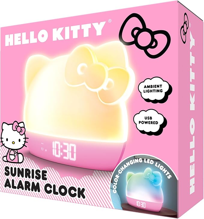 Hello Kitty Sunrise Alarm Clock with Color-Changing RGB LED Night Light – Ambient Lighting, Time/Date/Temperature Display, USB Powered w/Device Charging, Pink