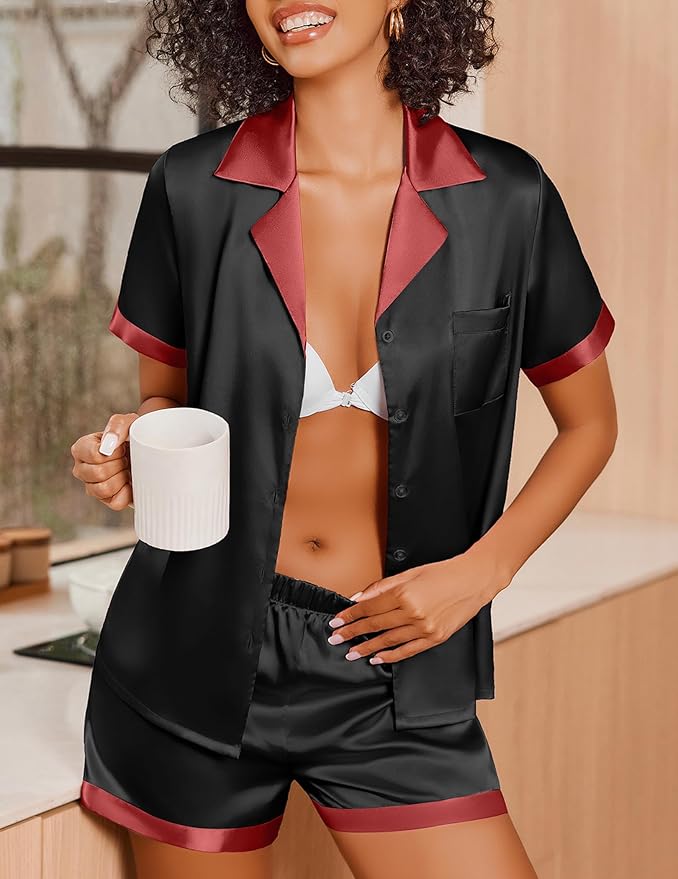Ekouaer Womens Silk Satin Pajamas Set Short Sleeve Sleepwear Button Down Loungewear 2 Piece Pjs Shorts Set
