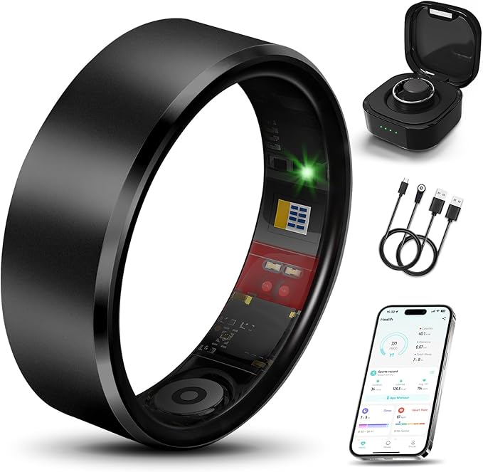 Smart Health Ring 2.0 for Women Men, Slim Scratch & Fingerprint Resistant Design, Efficient Chip Fitness Tracker, Monitors Heart, Blood Oxygen & Pressure, Sleep, Steps, Waterproof, Black 7
