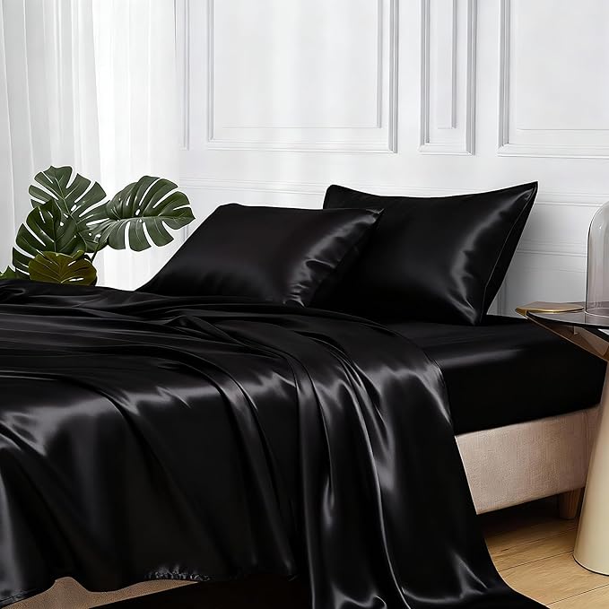 MR&HM Satin Bed Sheets, California King Size Sheets Set, 4 Pcs Silky Bedding Set with 15 Inches Deep Pocket for Mattress (California King, Black)