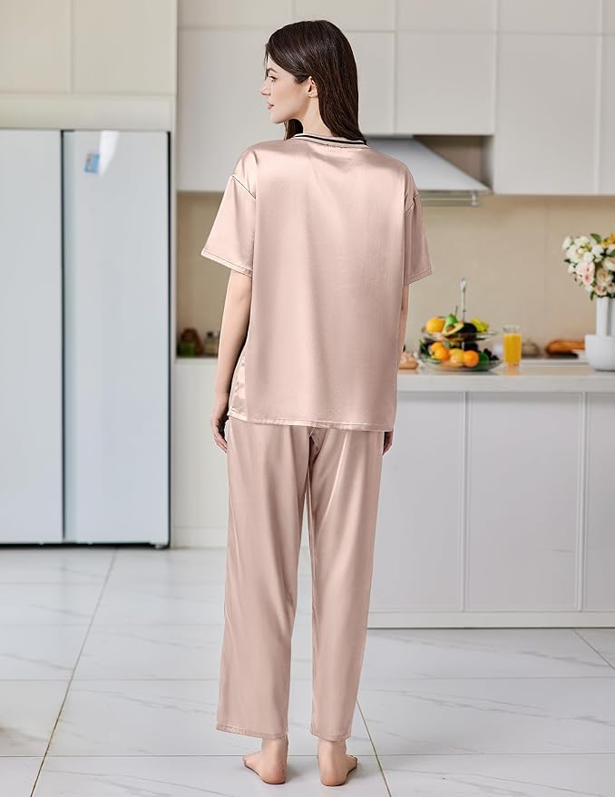 Ekouaer Satin Pajama Set for Women Short Sleeve Silky Pjs 2 Piece Lounge Sets Soft Comfy Sleepwear Loungewear S-XXL