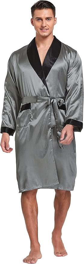 Tony & Candice Men's Satin Robe Lightweight Long Sleeve Silk Kimono Bathrobe with Shorts Set Sleepwear