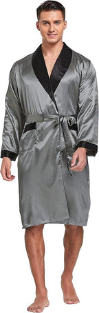 Tony & Candice Men's Satin Robe Lightweight Long Sleeve Silk Kimono Bathrobe with Shorts Set Sleepwear