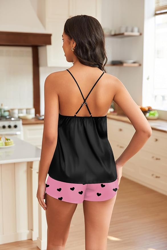 EKOUAER Silky Pajama Set for Women V-Neck Satin Camisole Lingerie Sets Party Loungewear Sleepwear