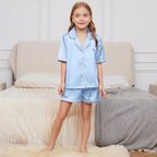 QPANCY Kids Satin Pajamas Sets Baby Boy Girl Button-Down Silk Sleepwear 2 Piece Short Sleeve Loungewear Clothes Set