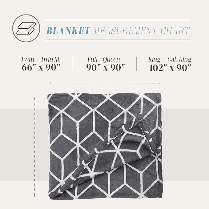 Elegant Comfort Luxury Velvety Feel Blanket, All-Season Lightweight Blanket, Ultra Plush, Soft, Cozy-Fuzzy Flannel Fleece for Couch, Sofa, Bed, Travel, Cube Design, Full/Queen, Gray