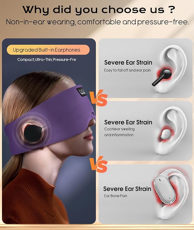 Sleep Mask with Bluetooth Headphones, Blackout Sleep Headphones for Side Sleepers, Ultra-Thin Bluetooth 5.4 Stereo Speaker Eye Mask for Travel, Meditation, Cool Gadgets (Purple)