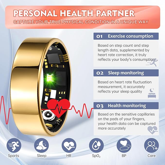 Smart Ring Health Tracker for Women Men, Sleep Tracker with Heart Rate,SpO₂,Blood Pressure, Fitness Ring for Activity Monitoring, No Subscription, Step Tracker Ring for ios&Android (Gold, #12)