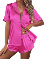 Ekouaer Silk Satin Pajamas Set Short Sleeve Pj Sets Black & White Contrast Piping Pjs Button Down Lounge Sets 2 Piece