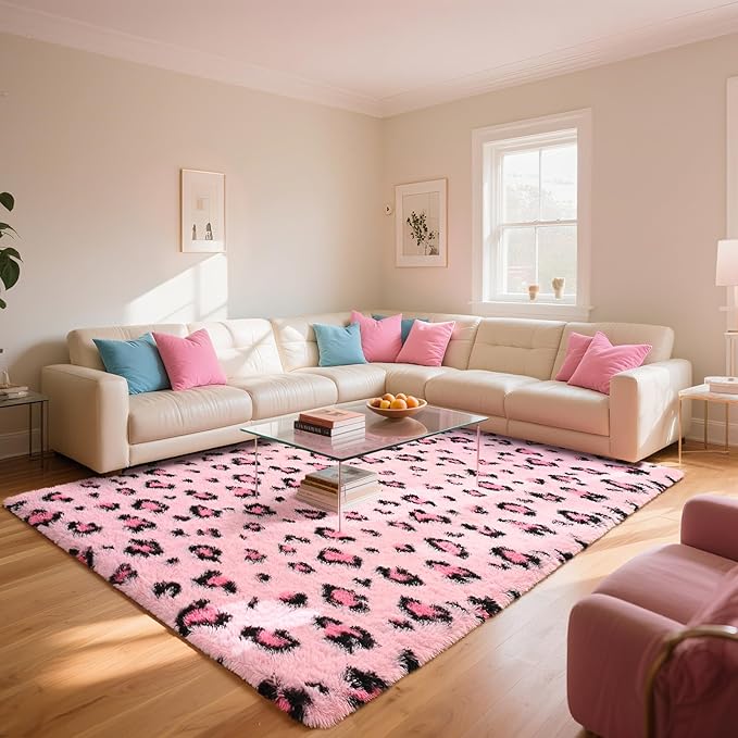 HOMORE Leopard Print Rugs, 6x9 Pink Leopard Rug for Girls Bedroom, Soft Cheetah Print Rugs for Living Room Western Decor, Modern Indoor Fluffy Area Rug for Kids Nursery Dorm Decor